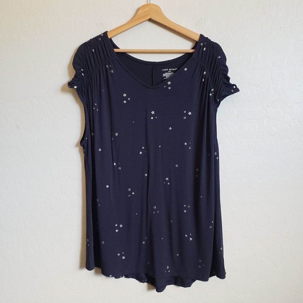 Lane Bryant Jersey Knit Silver Metallic Glitter Stars Top Blue Size Womens 14/16